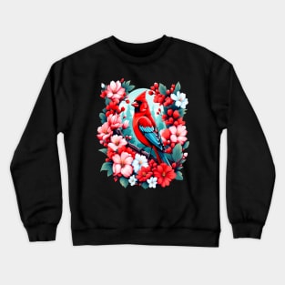 Cute Northern Cardinal Surrounded by Vibrant Spring Flowers Crewneck Sweatshirt